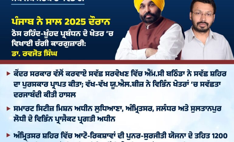 ਪੰਜਾਬ ਨੇ ਸਾਲ 2025 ਦੌਰਾਨ ਠੋਸ ਰਹਿੰਦ-ਖੂੰਹਦ ਪ੍ਰਬੰਧਨ ਦੇ ਖੇਤਰ ‘ਚ ਵਿਖਾਈ ਚੰਗੀ ਕਾਰਗੁਜ਼ਾਰੀ: ਡਾ. ਰਵਜੋਤ ਸਿੰਘ