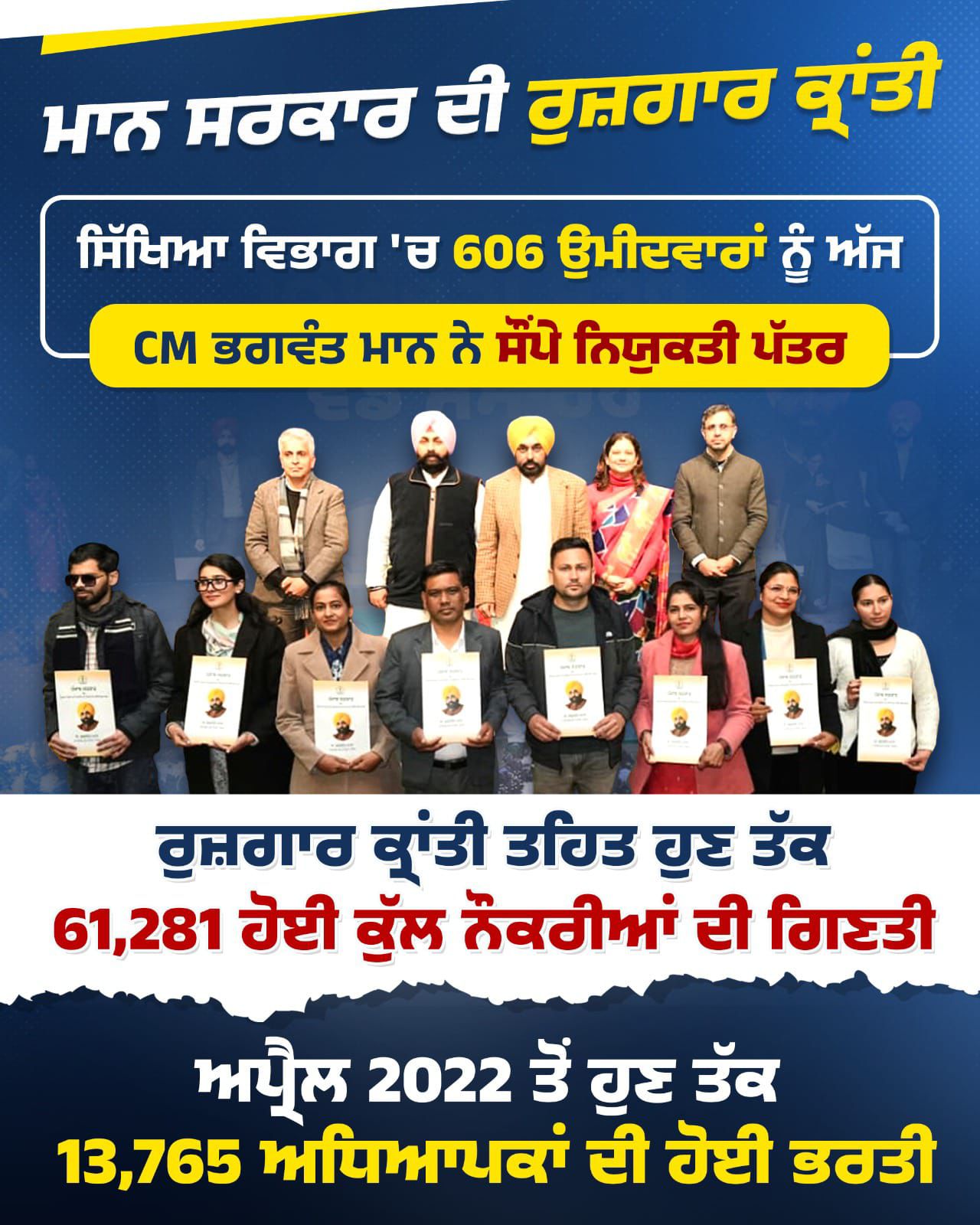 ਮੁੱਖ ਮੰਤਰੀ ਭਗਵੰਤ ਸਿੰਘ ਮਾਨ ਦੀ ਅਗਵਾਈ ਹੇਠ ਪੰਜਾਬ ਵਿੱਚ ਨੌਜਵਾਨਾਂ ਨੂੰ 61000 ਤੋਂ ਵੱਧ ਸਰਕਾਰੀ ਨੌਕਰੀਆਂ ਮਿਲੀਆਂ