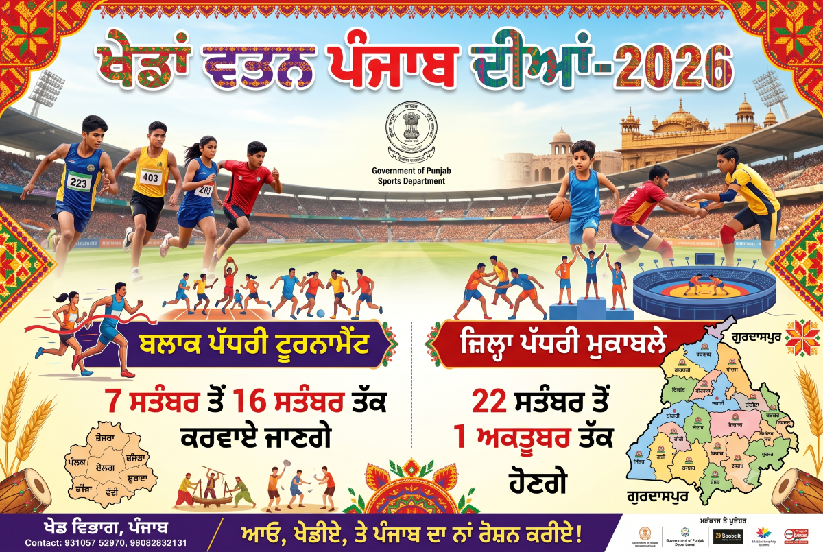 ਖੇਡਾਂ ਵਤਨ ਪੰਜਾਬ ਦੀਆਂ-2026: ਬਲਾਕ ਪੱਧਰੀ ਟੂਰਨਾਮੈਂਟ 7 ਸਤੰਬਰ ਤੋ 16 ਸਤੰਬਰ ਤੱਕ ਕਰਵਾਏ ਜਾਣਗੇ